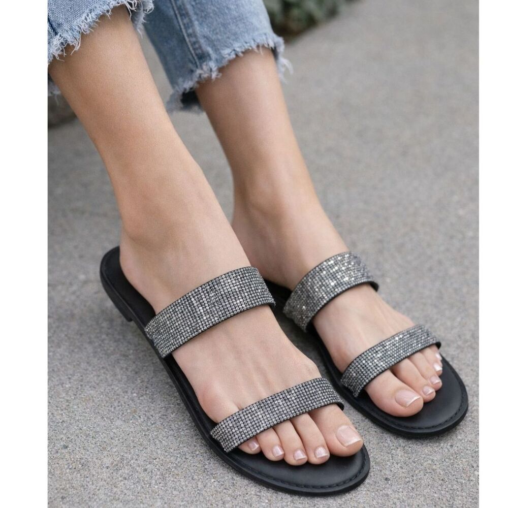 Women’s Slide Sandals Size 10 Rhinestone Double-Strap | Jack & Candy by Zigi